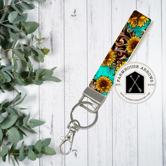 Tooled Leather & Sunflowers Keychain Wristlet