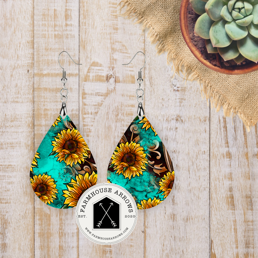 Tooled Leather & Sunflower Teardrop Earrings