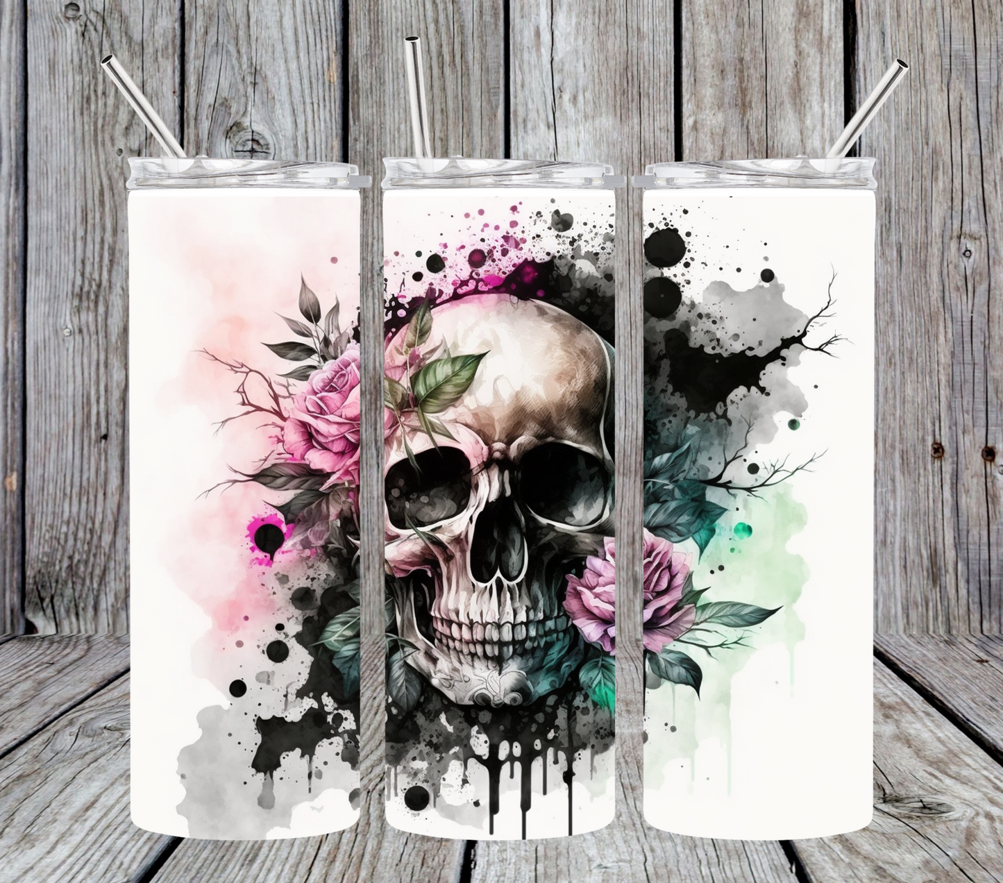 Pink Roses Ink Skull