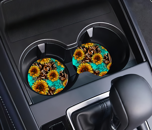 Sunflowers, Leather, & Turquoise Car Coasters